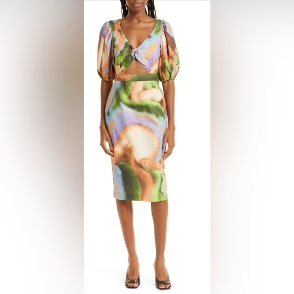 ROTATE Cara Watercolor Print Cutout Puff Sleeve Organic Cotton Dress 8/Medium - Picture 5 of 8